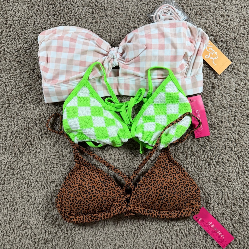 Bikini Top NWT Bundle Medium Gingham Green Leopard beach swim pool vacation